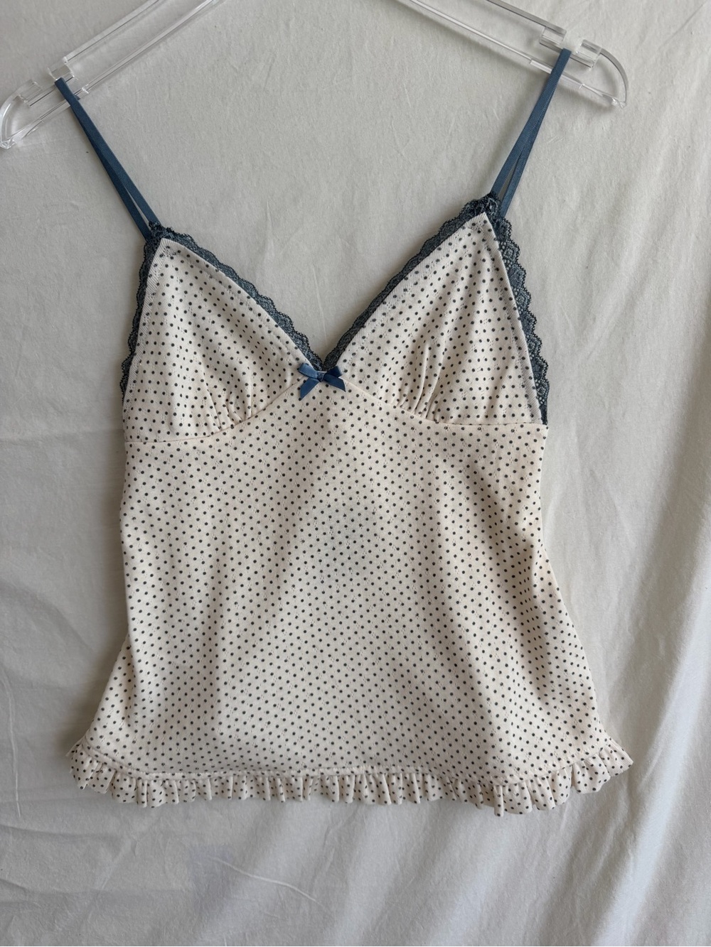 Women's Polka Dot Lace-Trim Camisole - White with Blue Trim